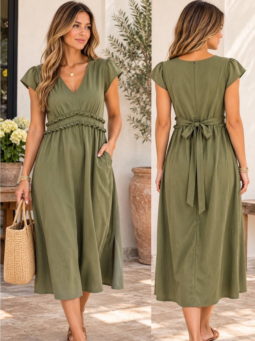 RIHOAS Olive Green Midi Dress with Ruffle Waist size Medium